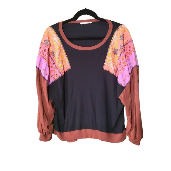 Free People Feelin’ It Embroidered Patchwork Top | Black & Brown | Boho Chic M - Picture 1 of 13